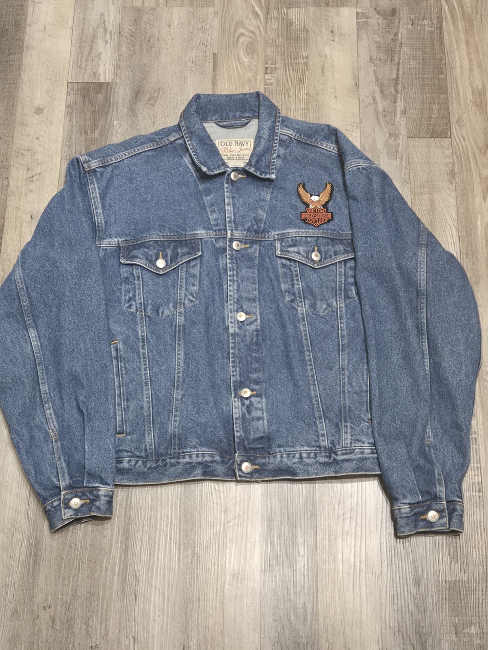 VTG Old Navy Blue Denim Jacket with Harley Davidson Patches